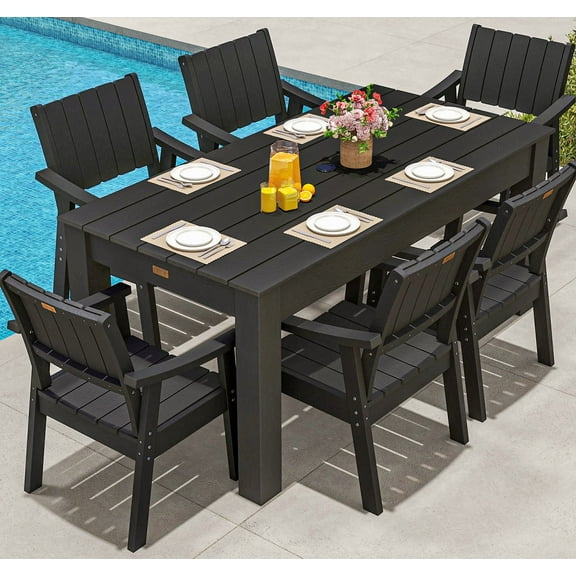 Wingyz 7PCS Patio Dining Set, All Weather Plastic Outdoor Furniture Set 6 Chairs and 1 Table, Black