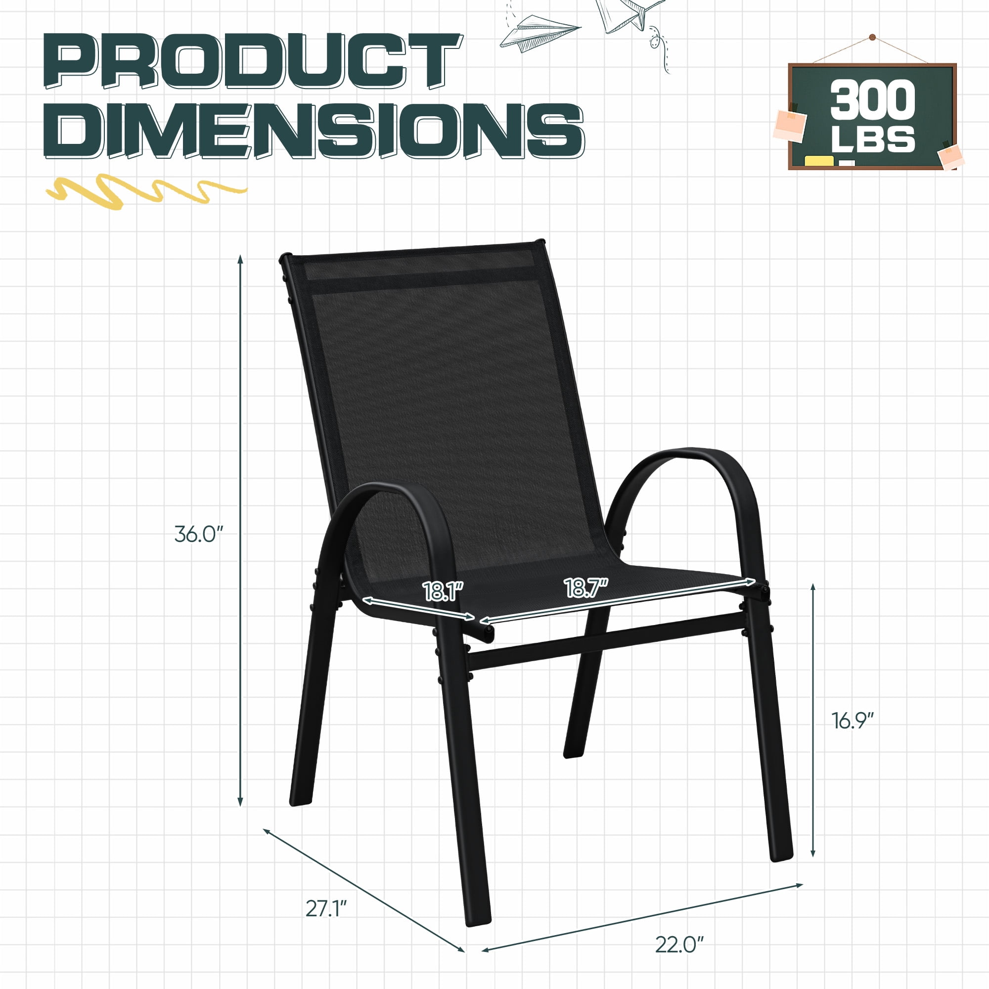 Homall Metal Outdoor Chair Set Stackable Patio Textilene Dining Chair Set of 4, Black