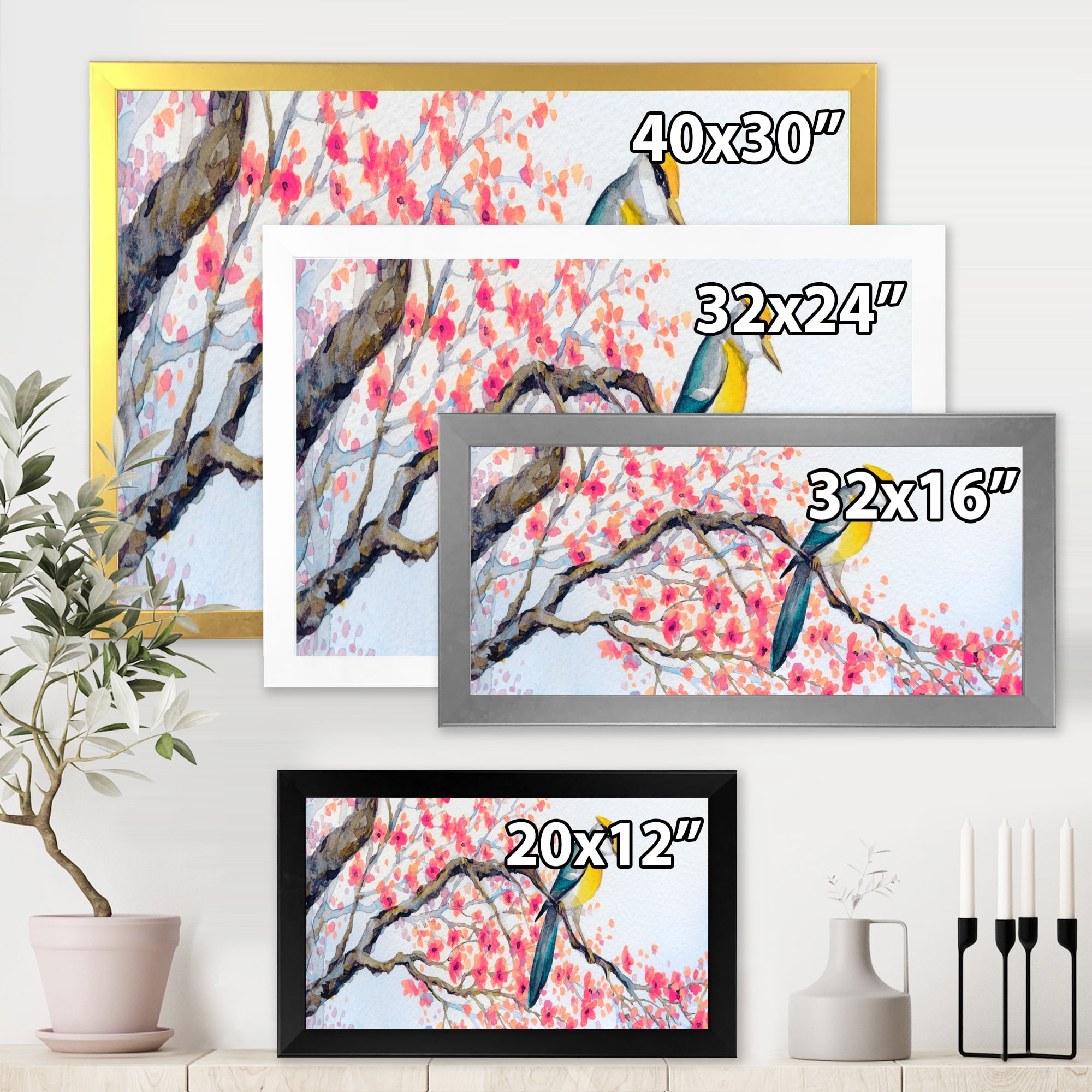 Beautiful Pink Bird Sitting On Flowering Branch I 32 in x 16 in Framed Painting Canvas Art Print, by Designart