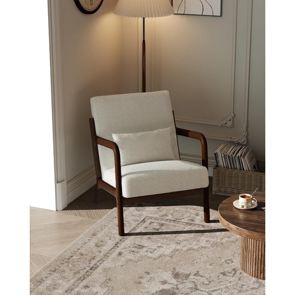 Mid-Century Modern Accent Chair, Sherpa Upholstery, Solid Wood Armchair with Removable Lumbar Pillow, Sturdy Reading Chair for Living Room, Bedroom, Guest Room, Easy Assembly, Beige