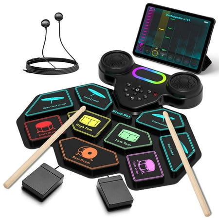 Ficcug Electronic Drum Set for Kids Adults,9 Pads Portable MIDI Roll-up Drum Kit with Dual Speakers / Headset Jack / Drumsticks / Foot Pedals,for Beginners