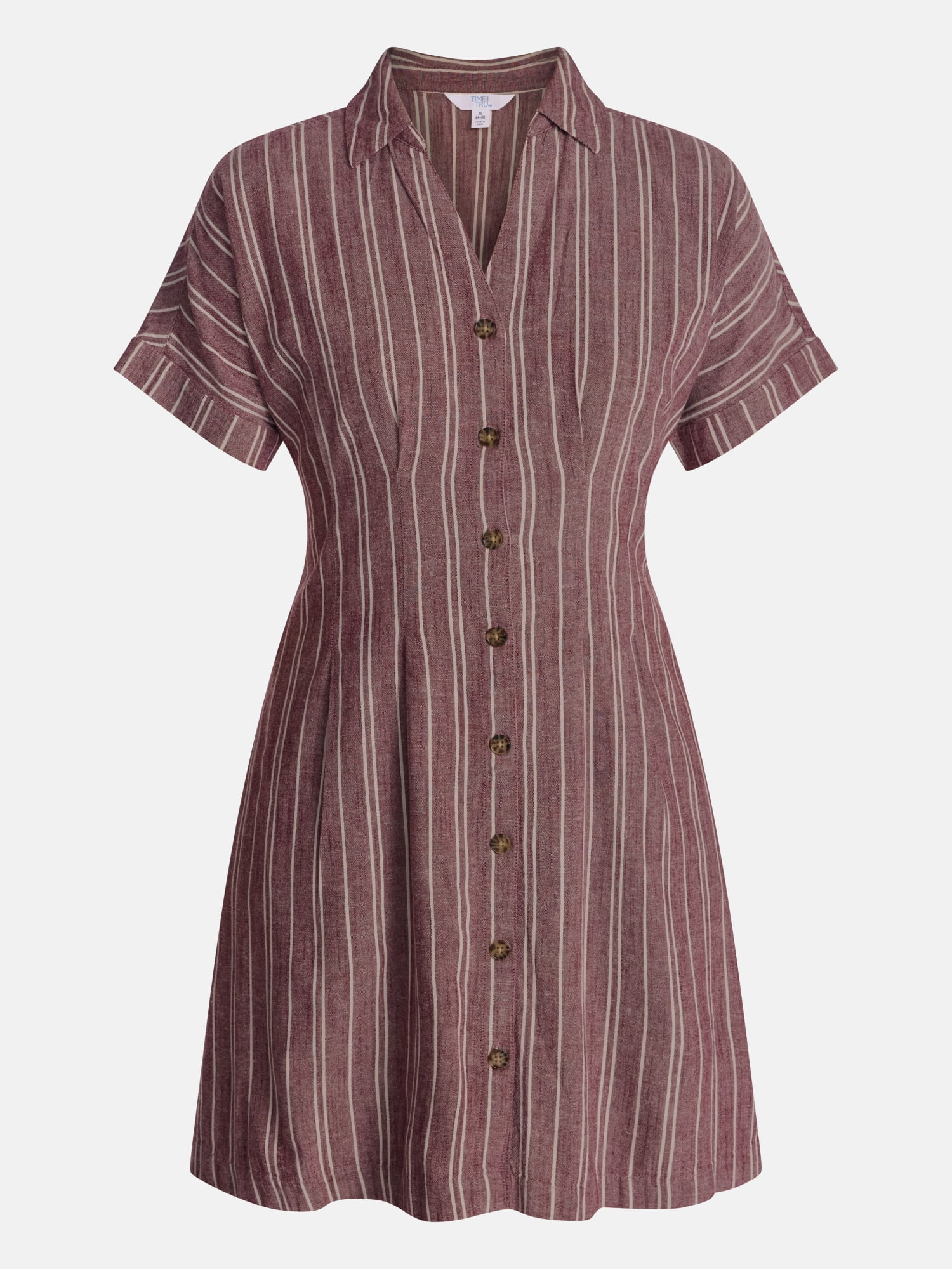 Time and Tru Women's Linen Blend Pleated Mini Shirtdress with Short Sleeves, Sizes XS-XXXL