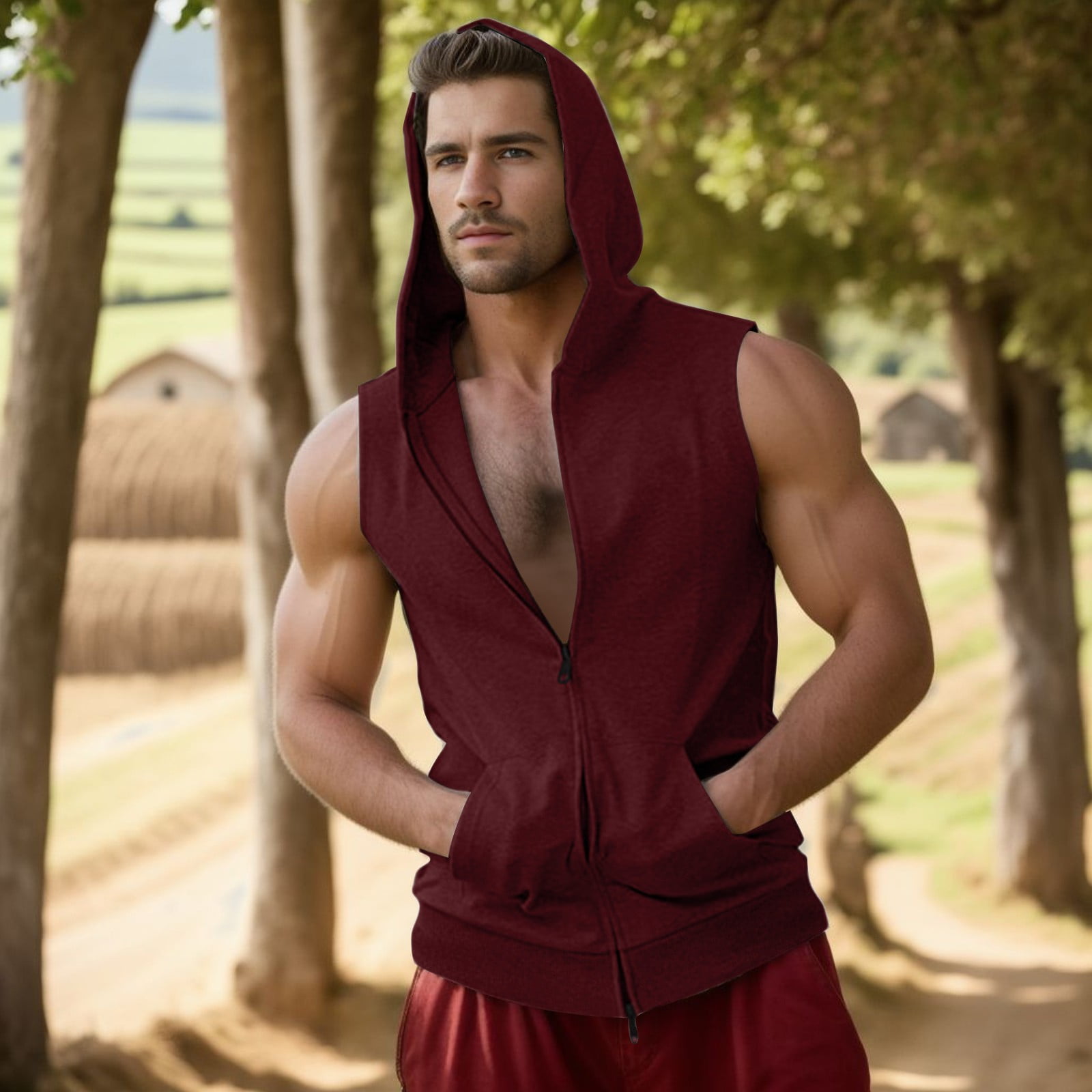 Mens Tank Tops 4XL Double Tank Men s Fitness Top Hooded Sleeveless Zipper Blouse Vest Casual Tops Men s Tank Tops