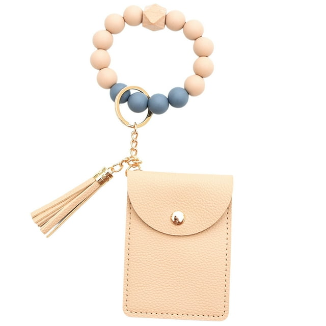 TACILIP Organization and Storage, Silicone Bead Bracelet Solid Color Card Bag Keyring Wallet Leather Fringe Multi-Card Compartment Coin Purse Leather Card Bag, Gifts for Mom