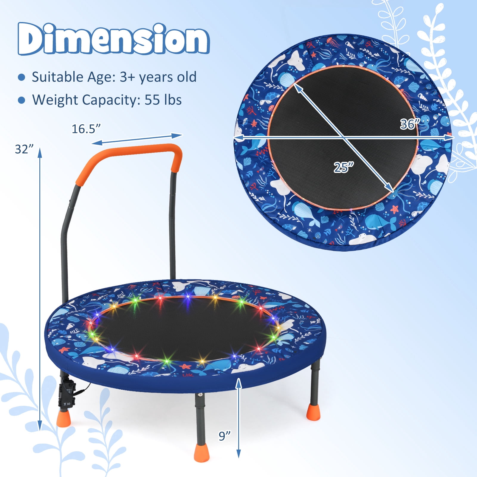 Gymax 36'' Foldable Kid Trampoline w/ 20 LED Lights Foam Handlebar Padded Safety Cover Navy