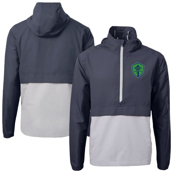 Men's-Cutter & Buck  Navy Seattle Sounders FC Charter Eco Recycled Anorak Hooded Half-Zip Jacket