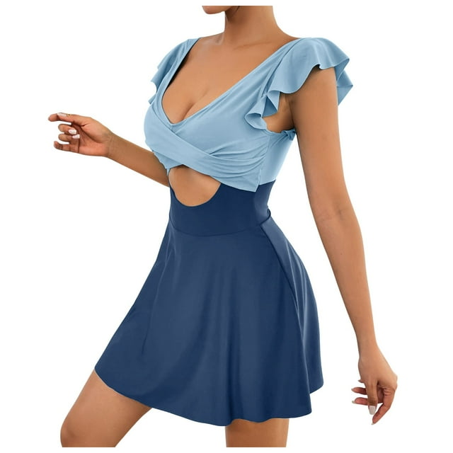 Maillots de Bain pour Femmes Robe de Bain à Volants Col en V Maillot de Bain Découpé Bleu Clair