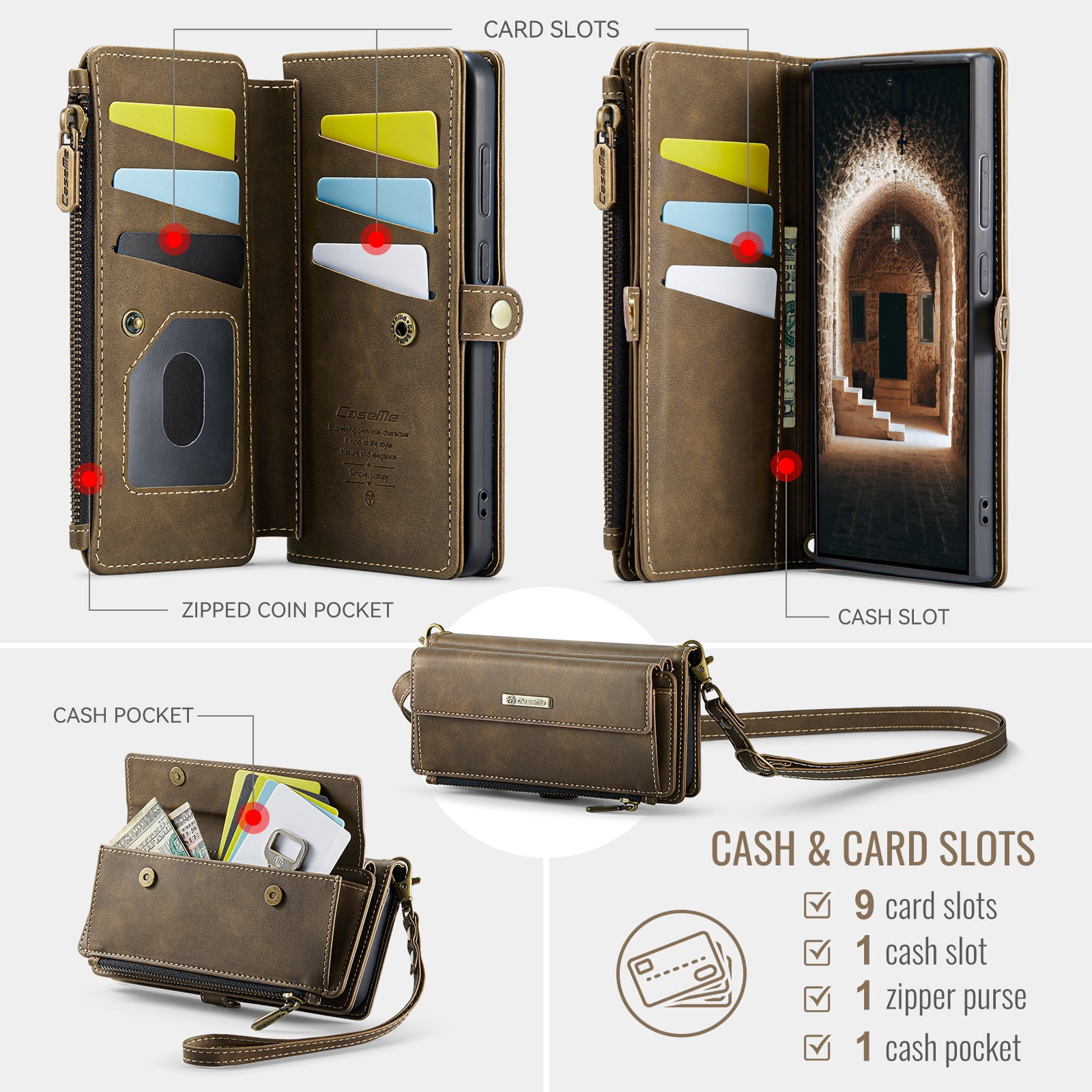 For Samsung Galaxy S25 Ultra Wallet Case, RFID Blocking PU Leather Case Women Men Kickstand flip Cover Wrist Strap Zipper Credit Card Holder Slot