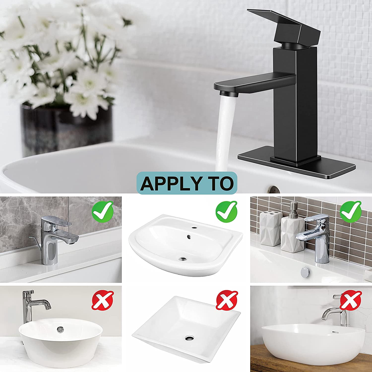 Matte Black Bathroom Faucet with Brass Pop-Up Drain - Single Handle Stainless Steel Sink Faucet for 1 or 3 Hole Installation, Waterfall Spout, Easy to Install - Includes 2 Water Hoses