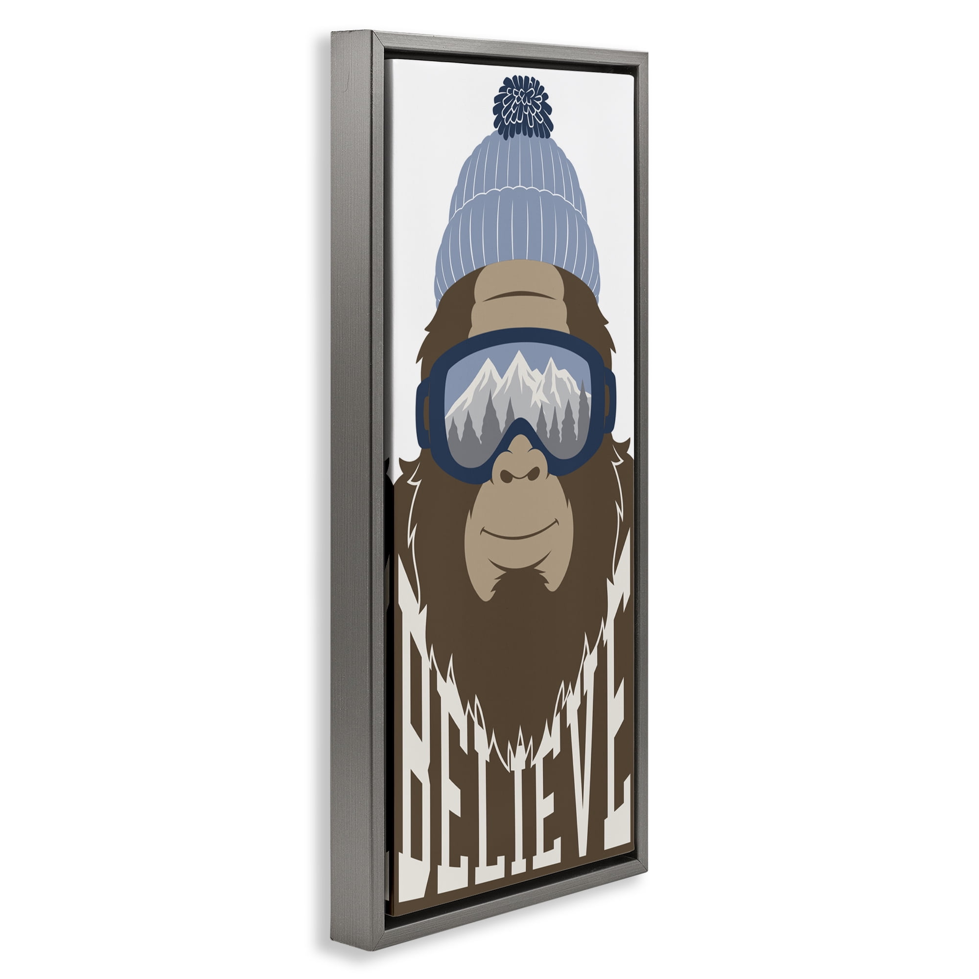Believe Winter Bigfoot Gray Framed Floater Canvas Wall Art, design by Marcus Prime