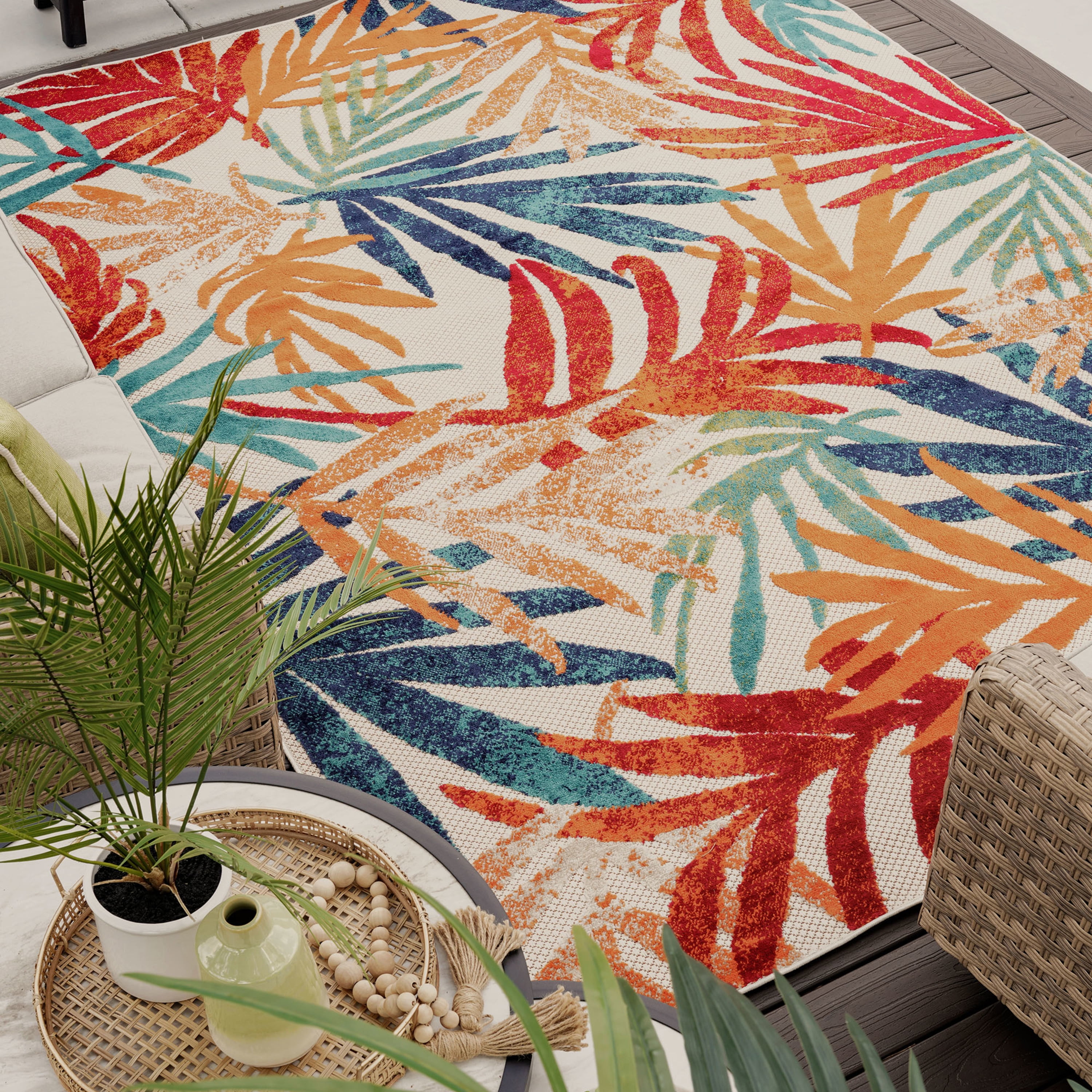 Oasis Modern Floral Multicolor Polypropylene Indoor Outdoor Area Rug, 9'x12' Rectangle