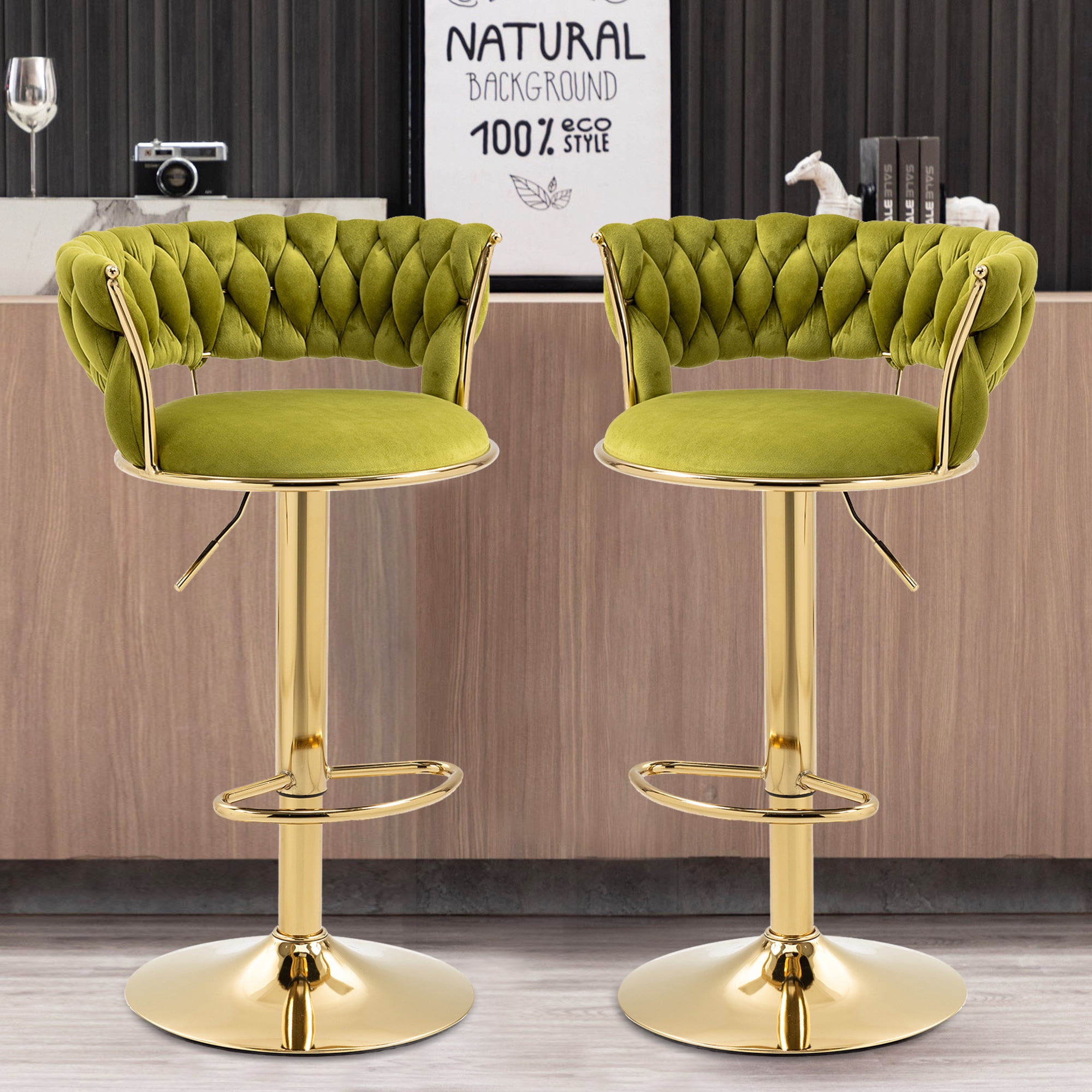 MOONMISS Velvet Swivel Bar Stools Set of 2, Adjustable Counter Height Bar Stool with Woven Back, Upholstered Kitchen Dining Chairs, Modern Barstools for Kitchen Island, Cafe, Pub, Bar Counter(Green)