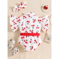 thumbnail image 3 of Wassery 2Pcs Baby Girls Romper Clothes Cherry Print Fly Sleeve Button Closure Belted Jumpsuit+Headband 3 6 9 12 18 Months Summer Birthday Party Dress Set 9M-4T, 3 of 8