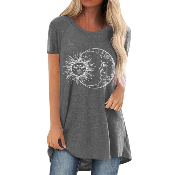 Qmyliery Women Long T-shirt, Sun and Moon Print Short Sleeve Round Neck Summer Tops, S-XXXXXL