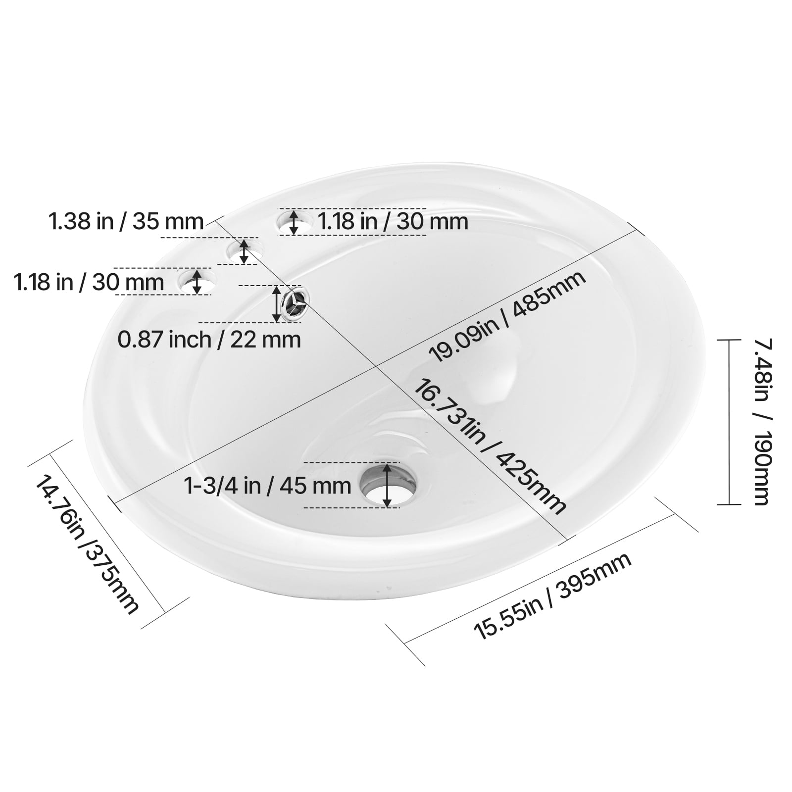 KFFKFF Semi-Recessed Bathroom Sink, 19.09 x 16.73 Inch Oval White Ceramic Basin with Overflow and 3 Faucet Holes, Drop-In Design for Modern Vanity or Compact Bathrooms