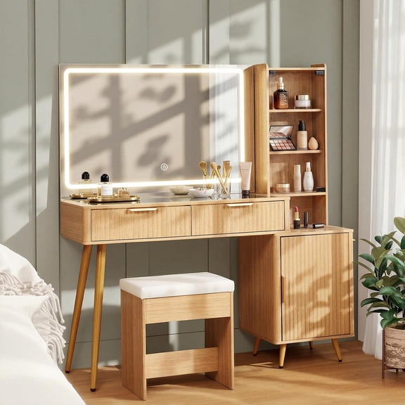 Jolie Vallee 40 Inch Fluted Makeup Vanity Desk with Mirror and Lights, Dressing Table with Glass Top, Charging Station, Storage Cabinet & Upholstered Stool for Bedroom