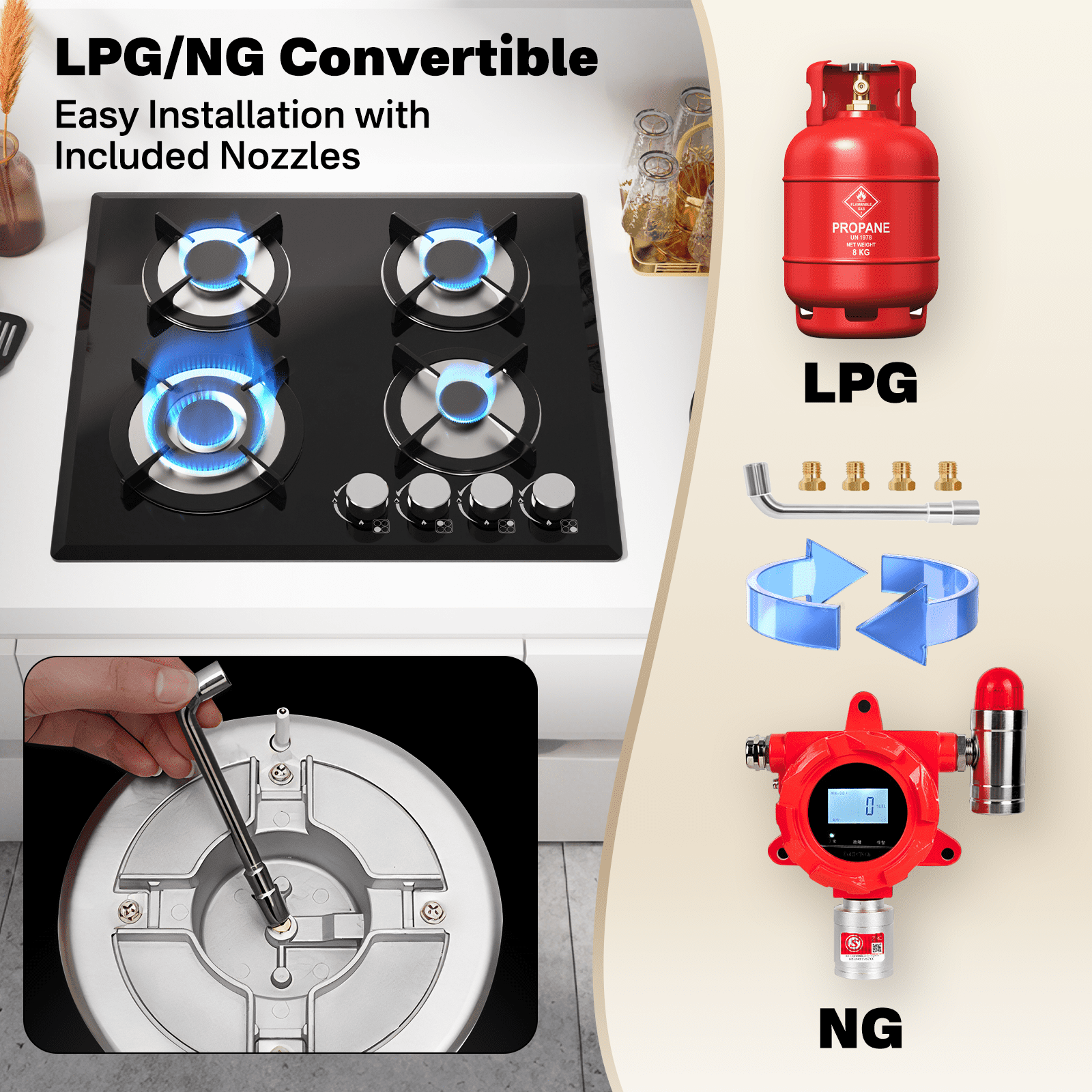 TYEMUI 4 Burners 24 inch Gas Stove Top, Built-in Glass Gas Cooktop Propane Neutral Gas Convertible Stovetop, NG/LPG Dual Fuel Stovetop for Home, RVs