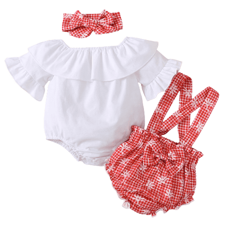 

NZRVAWS Baby Girls Clothes 3 Months Girls Pagoda Sleeve Romper Top 6 Months Girls Straps Suspender Shorts Headband 3PCS Outfits White
