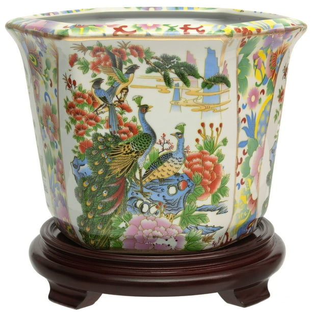 Oriental Furniture 10" Satsuma Birds & Flowers Porcelain Flower Pot