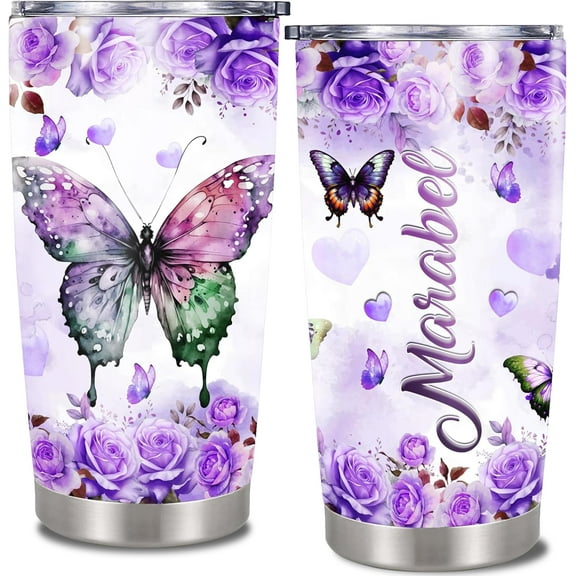 Butterfly Gifts for Women Girls Personalized Tumbler Custom Name Mom Grandma Nanny Travel Mug Insulated Cup with Lid Stainless Steel 20oz Purple Gift on Birthday Mother's Day