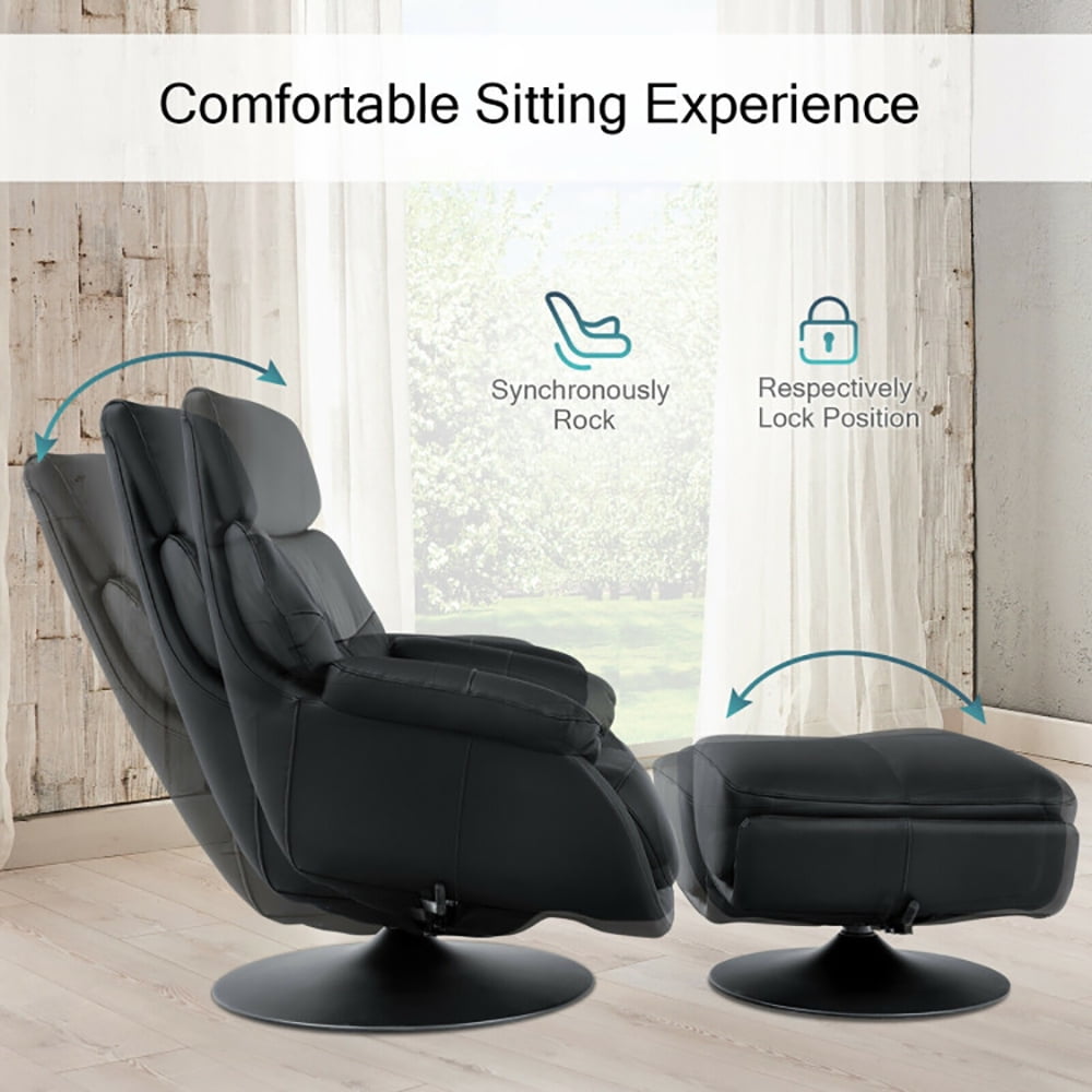 Finihen Leather Soft Upholstered Recliner with Ottoman Footrest, 360° Swivel Leather Lounge Chair with Ottoman and Thick Footstool, for Living Room, Bedroom, Black Finihen Leather Soft Upholstered Recliner with Ottoman Footrest, 360° Swivel Leather Lounge Chair with Ottoman and Thick Footstool, for Living Room, Bedroom, Black