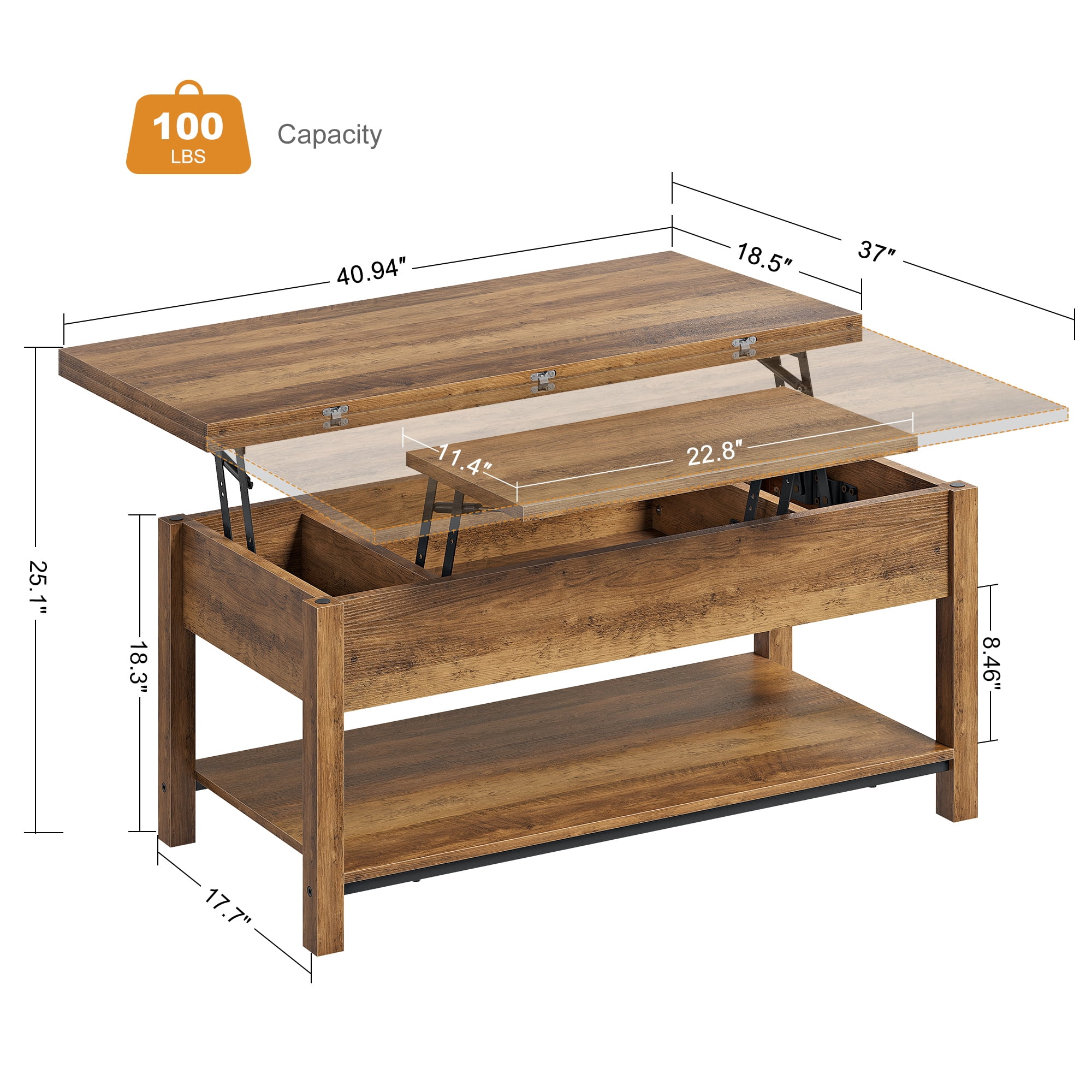 GUNAITO 40.9"Lift Top Coffee Table,4 in 1 Multi-Function Convertible Coffee Table with Hidden Storage Modern Framhouse Coffee Table for Living Room,Light brown