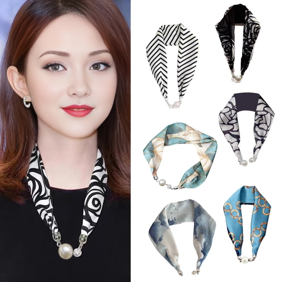 sunsanly Women Chiffon Scarf Magnetic Buckle Bright Color Printing Necklace Style Decorative Thin Scarf Garment Accessories