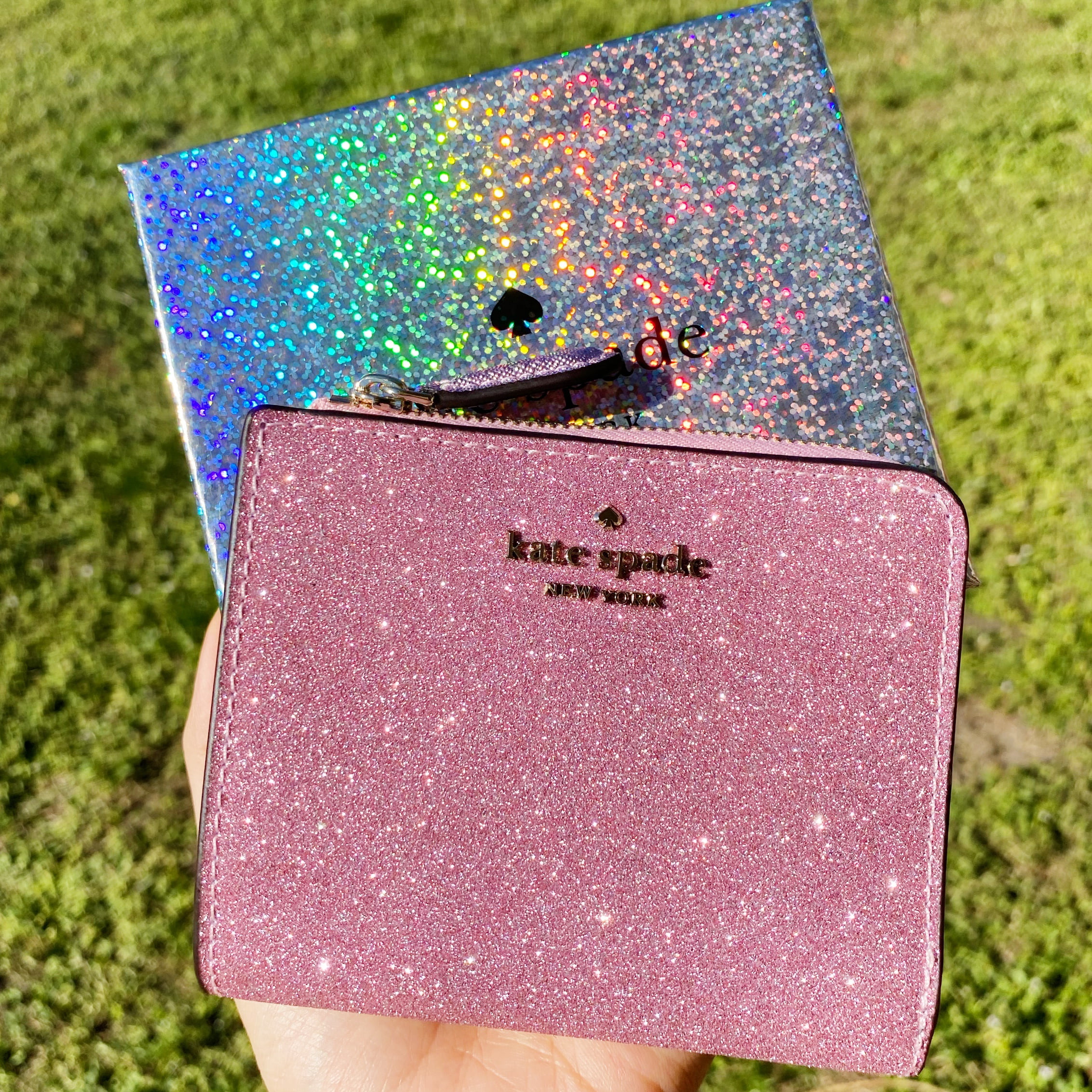 Kate Spade Lola Glitter Boxed Small L-Zip Bifold Wallet Rose Pink Gift Box  