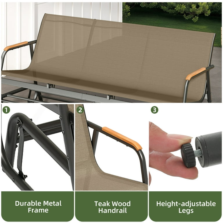 Uforic 3-Person Patio Glider Bench, Brown with Wood Armrests photo 7