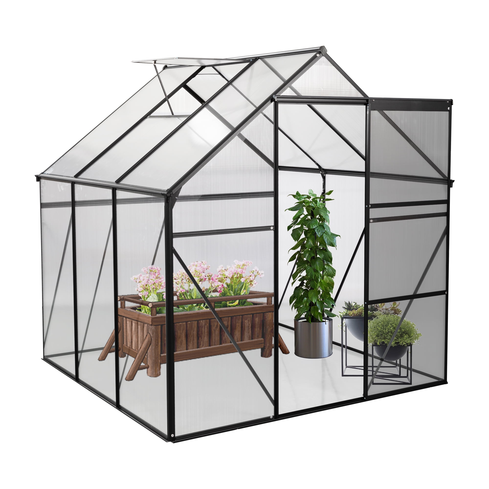 Enyopro Walk in Greenhouse, Garden Greenhouse for Outdoors, Polycarbonate Plant Greenhouse with Slide Door, Anchor and Adjustable Roof Vent, 6x6ft