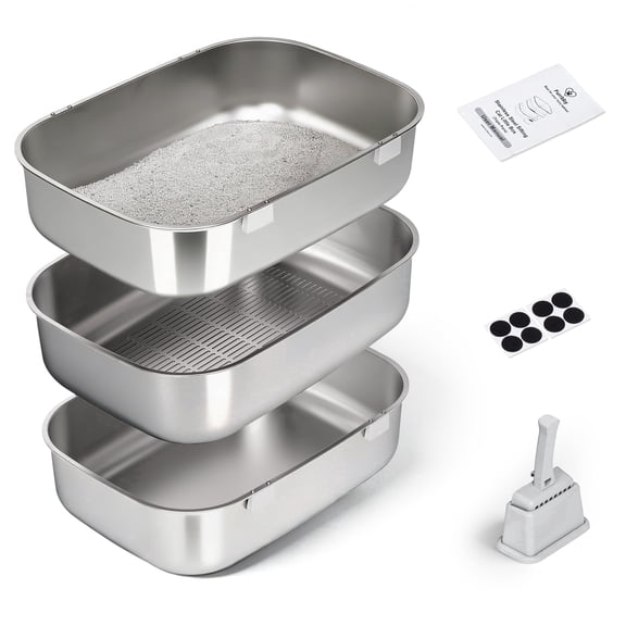 Furrbby Extra Large 3-Second Sifting Stainless Steel Cat Litter Box, Odor Control Triple-Pan System, Silver