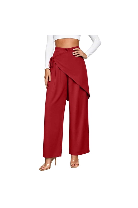 Women's Irregular Wide Leg Pants, High Waist, Fashion Loose Casual Trousers for Summer Outfit Red S
