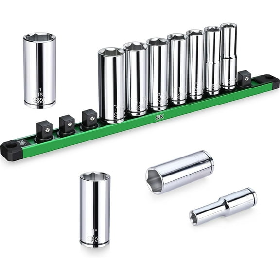 SK 1/2" Drive Socket Set, Deep SAE Sockets, 11-Piece 7/16" to 1-1/16", SuperKrome Finish, Preminum CR-V Construction, with Aluminum Socket Organizer