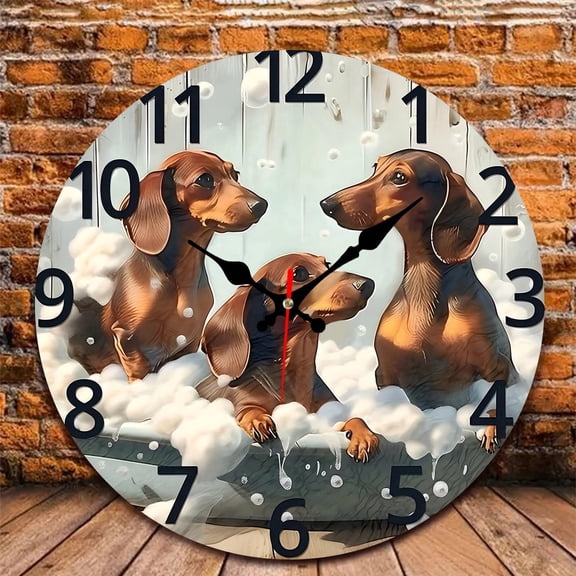 12 Inch Wall Clock, Three Dachshunds Wooden Round Wall Clocks with Silent Non-Ticking Quartz Movement, Battery Operated, Art Decor Hanging Clock for Kitchen, Bathroom, Bedroom, Living Room