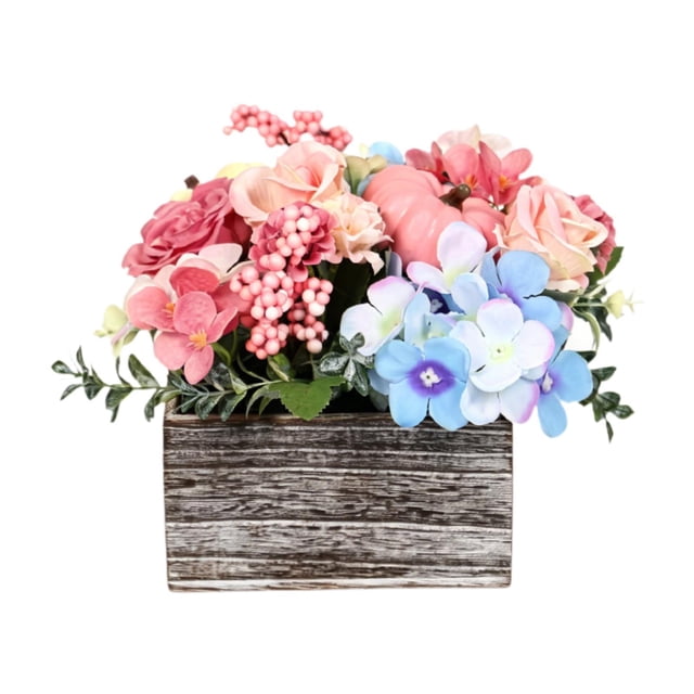 Centro mesa floral con arreglo floral artificial, elegante y versátil, con bandeja madera para mesa comedor o decoración rústica.