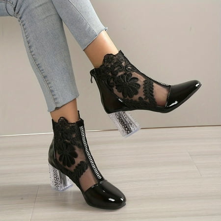 

MNGHNKJ Chic Floral Lace Ankle Boots for Women - Square High Heel Round Toe with Back Zipper Perfect for Evenings
