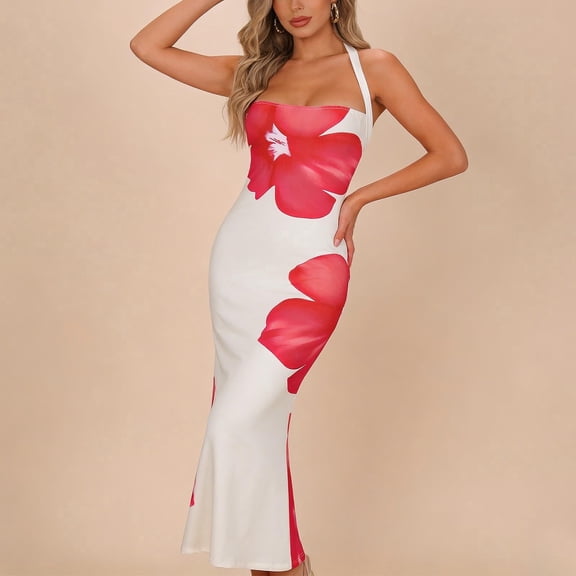 BRGZLK Womens Floral Maxi Dress Summer Daily 2026 Casual Fashion Open Back Halter Neck Sleeveless Bodycon Beach Vacation Dresses Wedding Guest Cocktail Sundresses Red XL