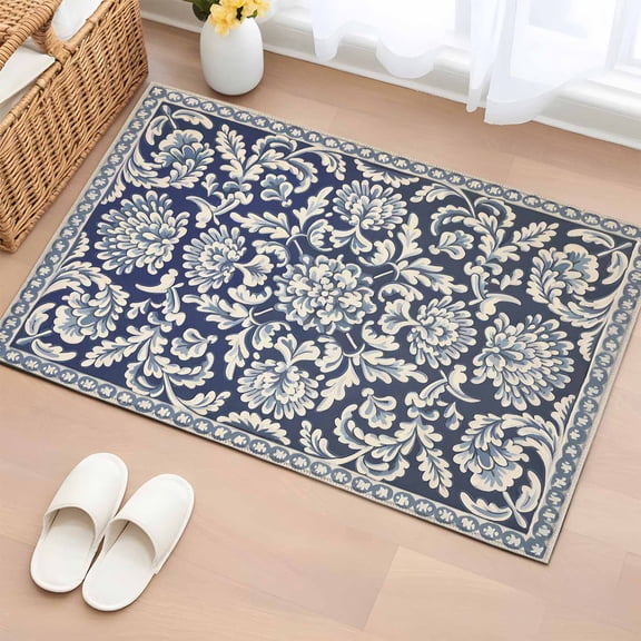 2x3 Ft Entryway Area Rug, Blue Boho Flower Kitchen Rug Runner Washable Floor Mat, Country Vintage Tribal Ethnic Motifs Non Slip Indoor Door Mat Throw Carpet for Bathroom Living Room Bedroom