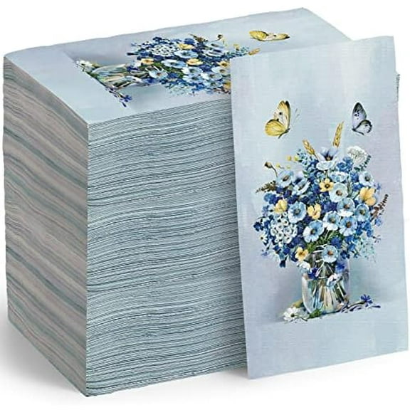 100 Pieces Blue Floral Guest Napkins Disposable Paper Hand Towels Butterfly Floral Dinner Decorative Cocktail Napkins for Bathroom Wedding Baby Shower Birthday Party Decoration(13 x 16 Inch)
