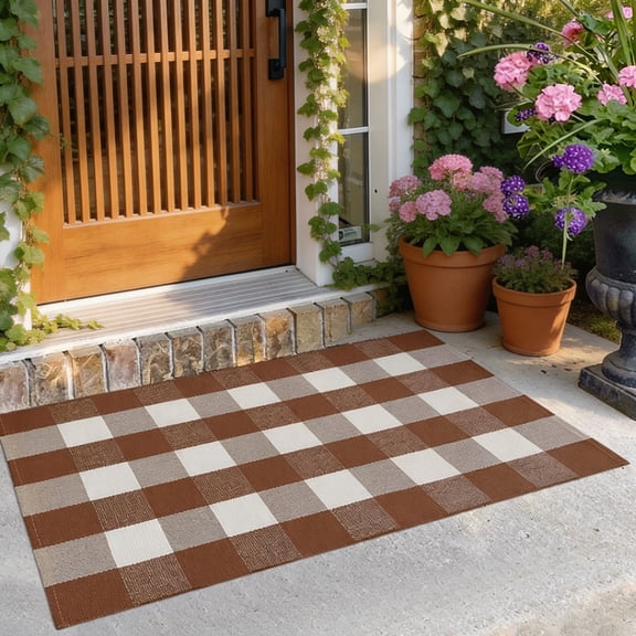 Buffalo Check Outdoor Rug 28x43, Coffee & White Plaid Porch Mat, Washable Crystal Plush Farmhouse Door Mat
