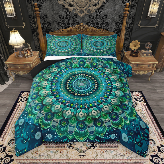 Manfei Bohemian Mandala Bedding Comforter Set 2pcs for Girls Women, Hippie Floral Flower Twin Comforter Sets, Teal Bedding Set, Lightweight Room Decor