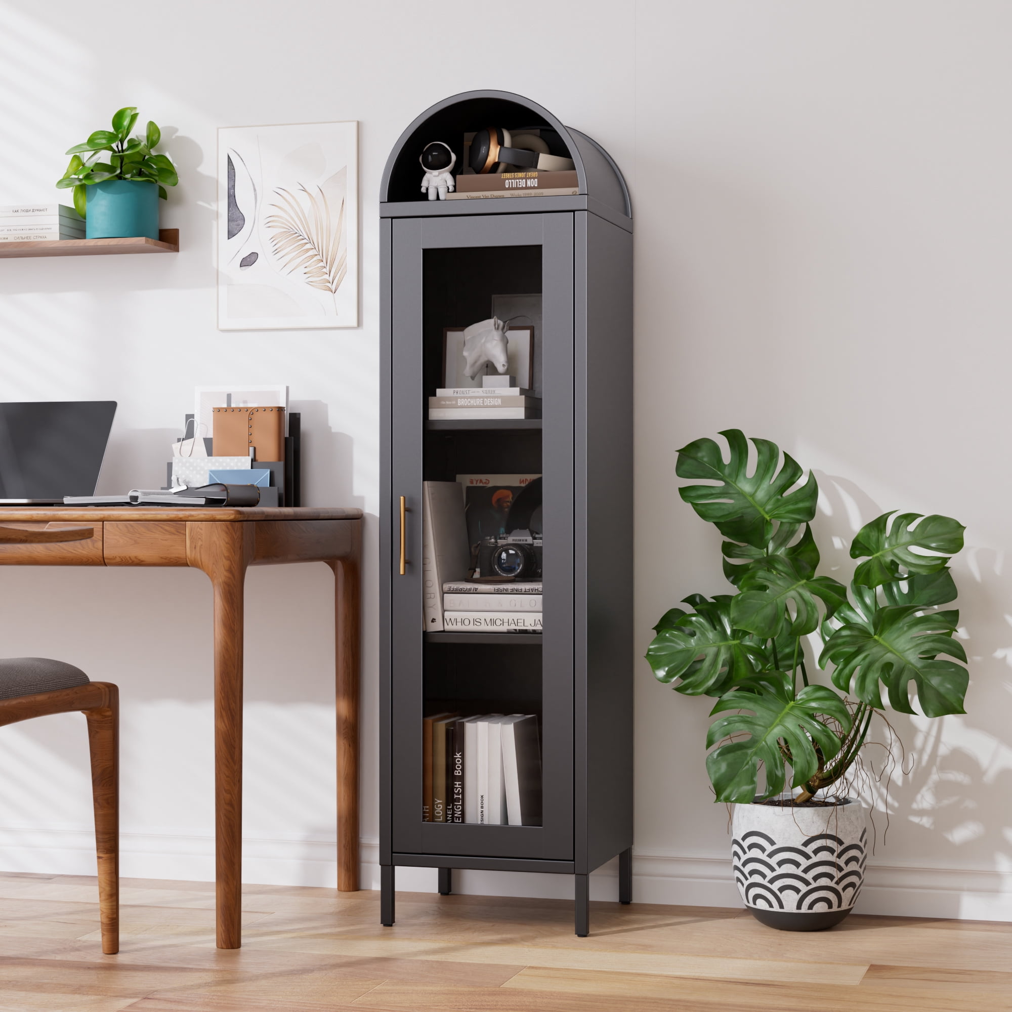 Aobabo Metal Arched Cabinet, Arch Display Bookcase with Glass Door and Shelves, Kitchen Pantry Cabinet for Dining Room, Home, Office, Study Room, Assembly Required,Black,15.35"D x 16.26"W x 63"H