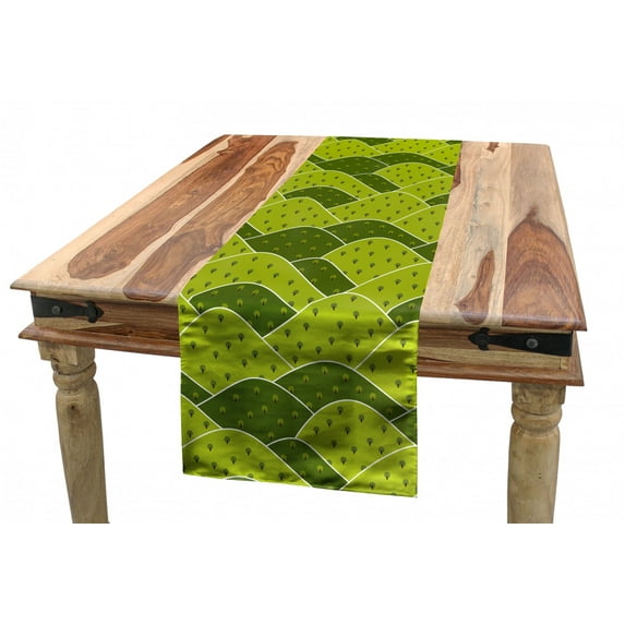 Nature Table Runner, Simplistic Hills Cartoon Design Trees Mountains Landscape Illustration Pattern, Dining Room Kitchen Rectangular Runner, 3 Sizes, by Ambesonne