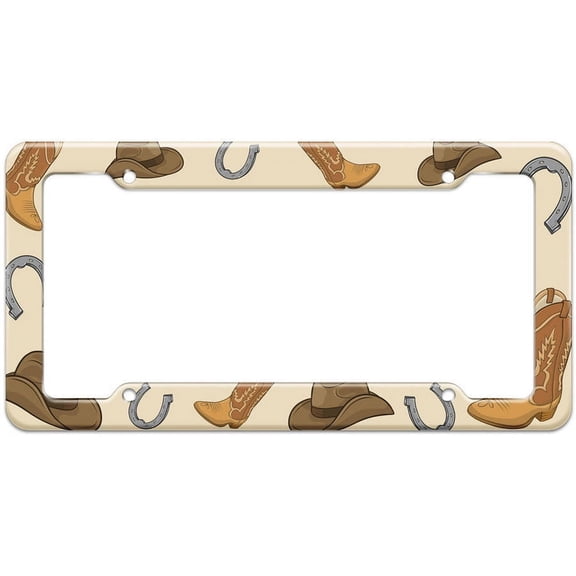 Western Cowboy Cowgirl Hats Boots Brown Pattern License Plate Frame