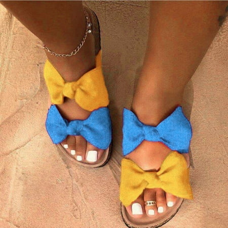 

MRULIC slippers for women Women s Casual Shoes Fashion Bowknot Flat Bottom Fish Mouth Non-Slip Slippers house slippers for women Yellow + US:9.5-10