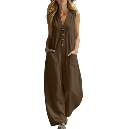 Qiopertar Linen Jumpsuit for Women Casual Sleeveless Romper Solid Color Summer Beach Vacation Comfy Relaxed Oversized One Piece Army Green M