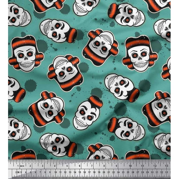 Soimoi Crepe Silk Fabric Brush Stroke & Skull Halloween Printed Craft Fabric by The Yard 42 Inch Wide