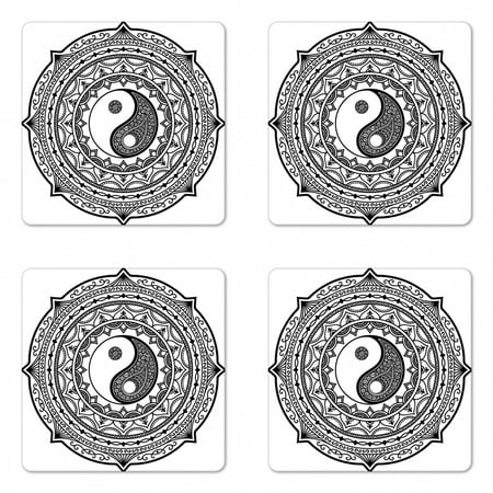 

Ying Yang Coaster Set of 4 Circle Mandala Pattern with Yin Yang Sign Made with Paisley Motif Karma Cosmos Square Hardboard Gloss Coasters Standard Size Black White by Ambesonne