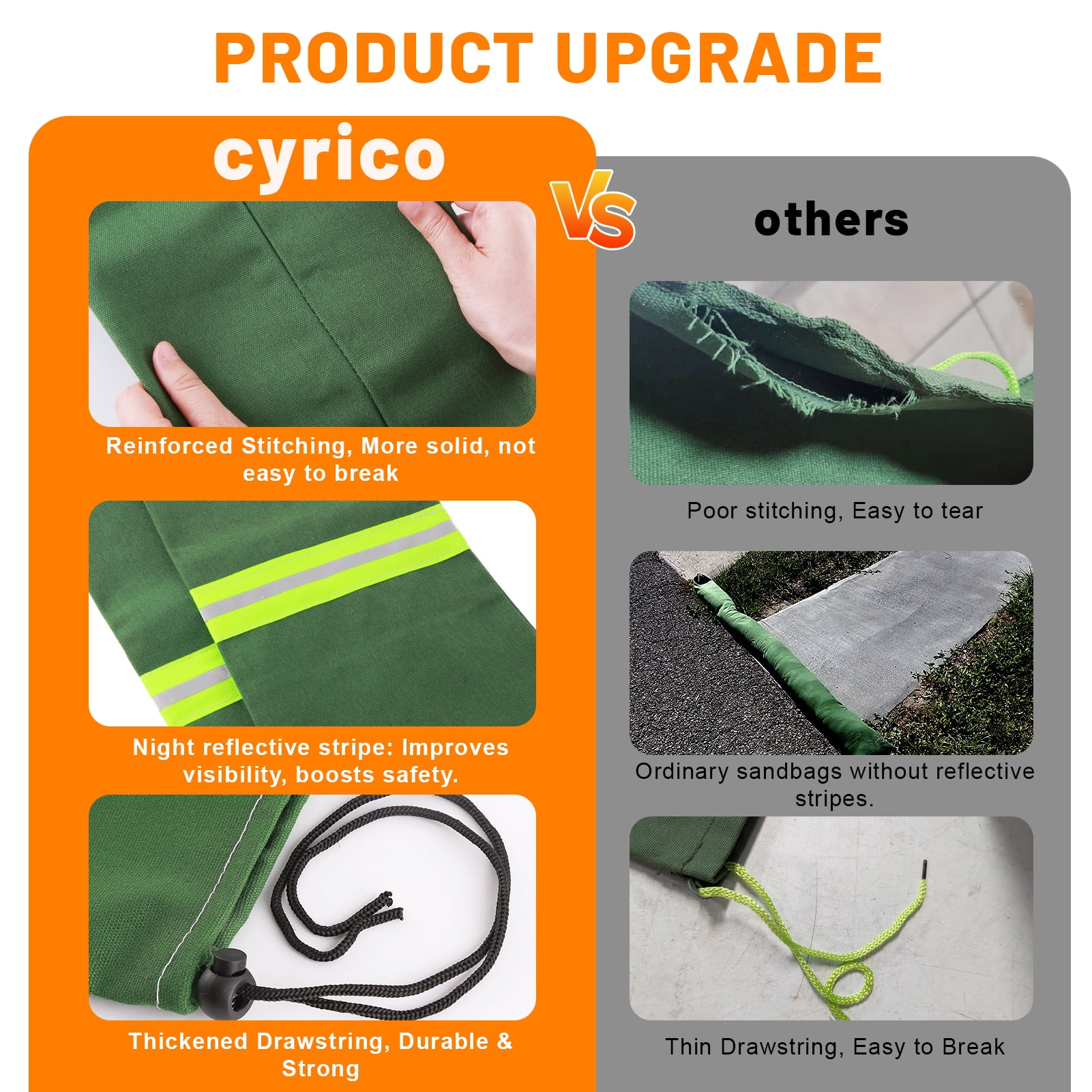 cyrico 4 Pack Long Sand Bags for Flooding, Thickened Reusable Canvas Flood Protection Sandbags with Elastic Band & Reflective Stripes, Tube Water Barriers for Door, Garage, Windows, 4Ft x 8In