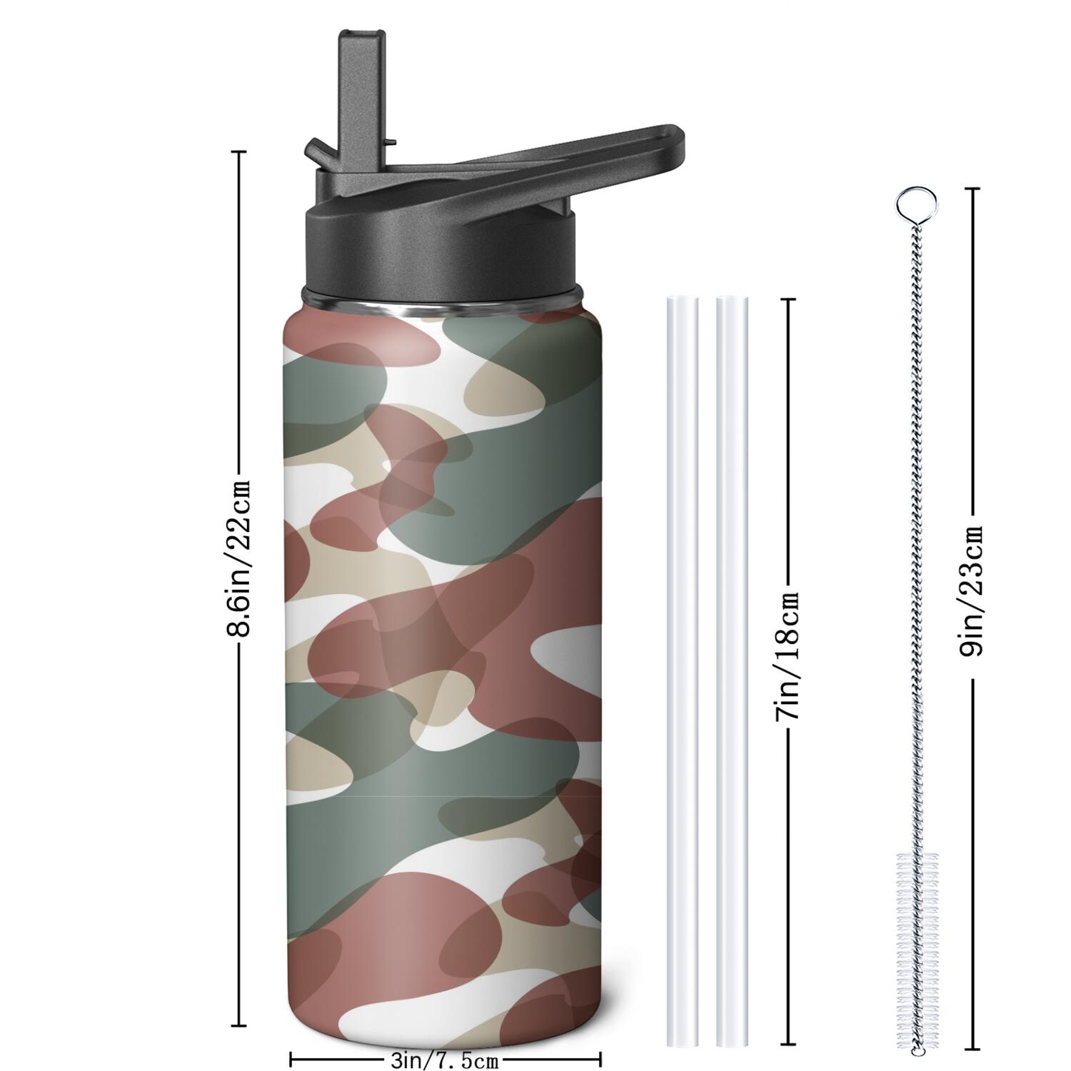 Camouflage Insulated Stainless Steel Water Bottle with Straw & Cleaning Brush – 18/32/40 Oz | Leakproof, BPA-Free, 304 Stainless Steel, Wide Mouth, Travel Mug for Car, Gym, Office